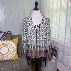 Monteau Boutique Tunic Top Blouse Black White Peacock Size M Fringe D2-1